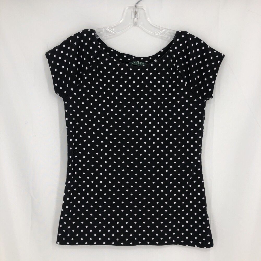 Lauren Ralph Lauren Womens Small Black Polka Dot Cotton Round Neck T-Shirt